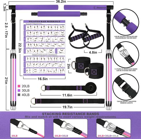 Portable Pilates Bar and Resistance Band Set with Handles. Multifunctional Family Gym with Door Anchor, Ankle Strap and Extended Rope - with Fitness Poster and Exercise Video in Saudi Arabia