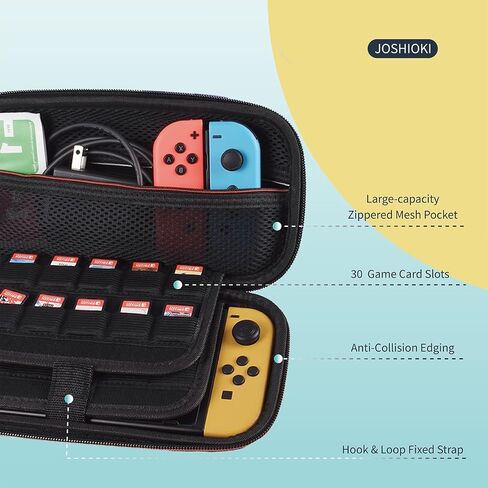 حقيبة حمل JOSHIOK متوافقة مع وحدة تحكم Nintendo Switch وSwitch OLED - حقيبة واقية صلبة محمولة للسفر مع 20 خرطوشة ألعاب لوحدة التحكم والملحقات بسحاب أسود in Kuwait