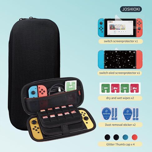 حقيبة حمل JOSHIOK متوافقة مع وحدة تحكم Nintendo Switch وSwitch OLED - حقيبة واقية صلبة محمولة للسفر مع 20 خرطوشة ألعاب لوحدة التحكم والملحقات بسحاب أسود in Kuwait