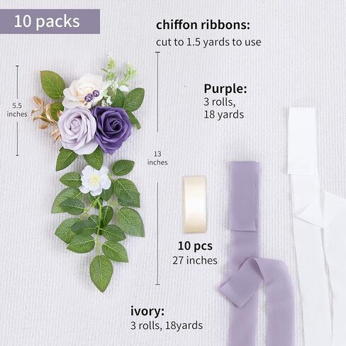 Set of 10 Wedding Aisle Decorations for Ceremony, Terracotta Pew Flowers for Church Chair Decorations, Chair Back Floral Decorations with Chiffon Ribbon in Kuwait