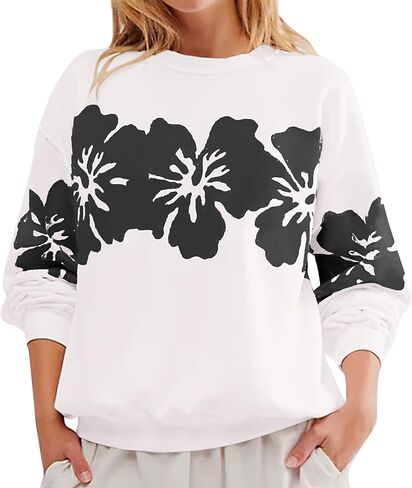 Women Hibiscus Floral Sweatshirts Crewneck Long Sleeve Tunics Shirt Hawaiian Flower Graphic Loose Pullover Tops 2024 in Kuwait