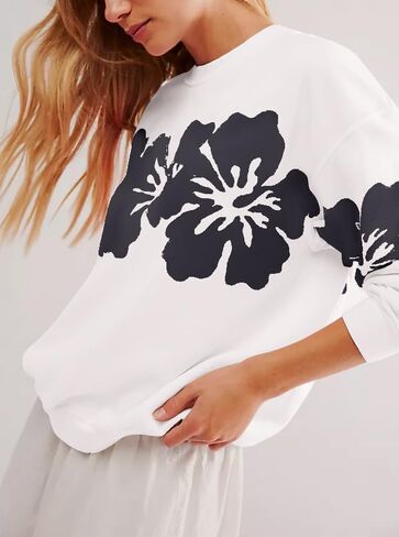 Women Hibiscus Floral Sweatshirts Crewneck Long Sleeve Tunics Shirt Hawaiian Flower Graphic Loose Pullover Tops 2024 in Kuwait