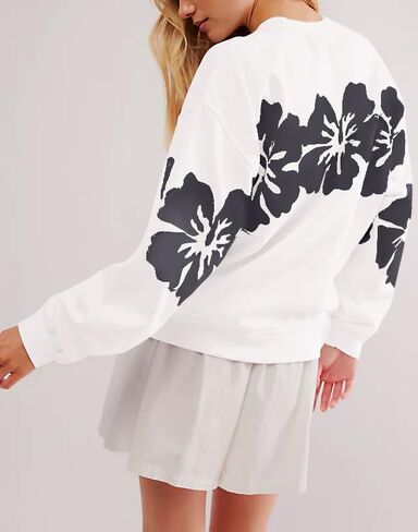 Women Hibiscus Floral Sweatshirts Crewneck Long Sleeve Tunics Shirt Hawaiian Flower Graphic Loose Pullover Tops 2024 in Kuwait