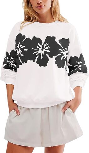 Women Hibiscus Floral Sweatshirts Crewneck Long Sleeve Tunics Shirt Hawaiian Flower Graphic Loose Pullover Tops 2024 in Kuwait