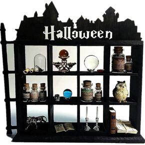 Halloween Gothic Wooden Shelf,Spooky Goth Castle Decor for Display or Storage of Mini Figures,Potions,Crystal,Miniature,Fit for 0.1-1.6'' Stuff (Black)