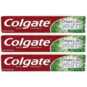 Colgate Sparkling White Baking Soda Anticavity Fluoride Gel Toothpaste, Mint Zing, 6 oz (Pack of 3)