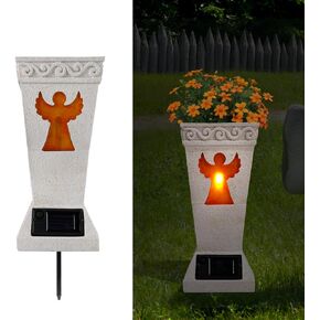 Solar Light Cemetery Vase Grave Vase with Spike for Cemetery, Angel Light Grave Flower Holders Grave Markers Cemetery Decorations Tombstones Headstones Memorial Gifts for Loss of Loved Ones