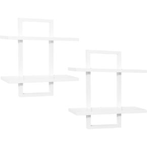 PHOENANCEE Floating Shelves for Wall,Display Hanging Shelf Set of 2,Modern Decorative Plants Shelves,Wood Home Decor Storage Chic for Living Room Bedroom Bathroom Office,Oak Frame,2-Tier,White