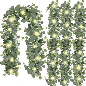 N&T NIETING 4 Pack Artificial Eucalyptus Garland with Lights, 6FT Artificial Greenery Garlands, Battery Operated Twig Vine for Room Stairs Mantle Wedding Holiday Decoration Indoor Outdoor