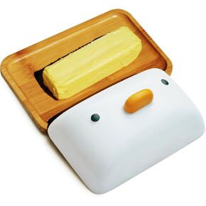 PURROOM Duck Butter Dishes For Countertop, Bamboo dish with Porcelain lid. 7" x 4.7" Wooden Tray Container for 1 Stick of Butter, for anti slip storage. Best gift for housewives.