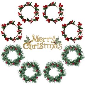 YBB 8Pcs Christmas Candle Rings, Small Artificial Red Berry Wreath Candle Holder Rings, Fits 3 Inch Pillars Candle Tapers for Rustic Wedding Centerpiece Christmas Table Decoration