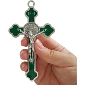 BONITTER Antique Silver Crucifix Wall Cross-St. Benedict Metal Wall Art-5.0 InchX2.7 Inch Green Clover Enamel Give Blessing and The Spiritual Sacred:Faith Gift for your Acquaintance