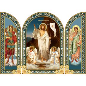 Needzo Catholic Orthodox Wooden Resurrection of Christ Jesus Triptych Icon with Saint Archangel Michael and Guardian Angel 6 1/4 Inch Tall, Gold Foil, Easter Decoration Gift