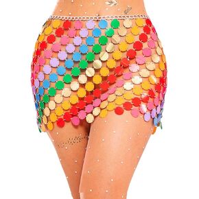 GORAIS Rainbow Sequin Chainmail Mini Skirt Rave Belly Dance Skirts Dot Nightclub Party Wrap Skirt for Women