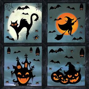Halloween Window Clings Decor Decorations: Extra Large Hocus-Pocus Witchs Black Cat Bat Silhouette Window Decals, Halloween Window Stickers Indoor, School Home Office Party 3 Sheets