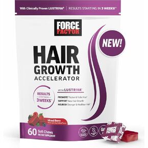 Force Factor Hair Growth Accelerator Soft Chews, Hair Growth Vitamins for Women with Clinically Proven Lustriva and Biotin to Promote Visibly Thicker, Fuller, Stronger Hair, Mixed Berry, 60 Soft Chews