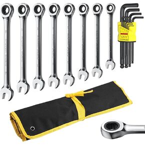 AMTOVL Ratcheting Wrench Set - 9Pcs Flex-Head Combination Wrench Set, 180° Head, Metric 6-19mm, 12 Point, HRC50 CR-V, Box End and Open End Wrench for Tight Spaces