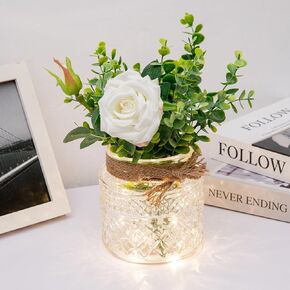 Fake Flowers with Glass Vase, Home Decor with Plants Flowers for Living Room Home Office Decor Floral Arrangement Artificial Flowers in Vase Dining Table Centerpiece