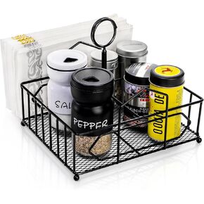 ZOOFOX Metal Napkin Holder with Salt and Pepper Shakers, 2-in-1 Condiment Holder for Table, 4 Compartment Restaurant Wrought Iron Condiment Rack for Party, Camping, Picnic