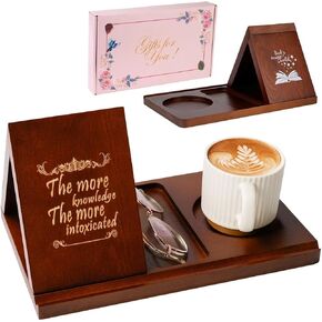 GOARTGIF Bamboo Book Rest Stand,Triangle Book Holder,Book Nook Reading Valet with Cup Holder,Book Page Holder for Bedroom Nightstand Office Desk,Birthday Gift for Book Lovers,Unique Mother's Day Gifts