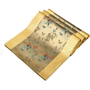 Silk Elegant Table Runner Golden Traditional Embroidery Chinese Dragon and Phoenix Pattern 91x13 inches