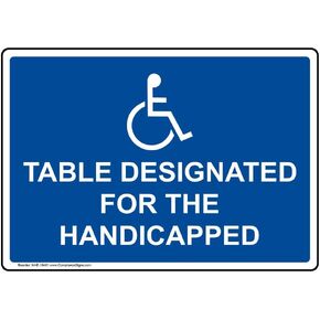 ComplianceSigns.com Table Designated for The Handicapped Label Decal with Symbol, 5x3.5 in. 4-Pack Vinyl for Accessible Dining/Hospitality/Retail Blue