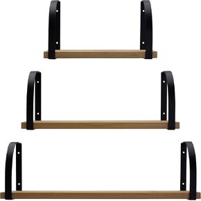 MELANNCO Floating Wall, Wood and Curve Metal Shelves, for Bedroom, Living Room, Kitchen, Nursery, Set of 3, Natural