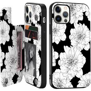 Durable Flip Case Compatible with iPhone 13 Pro,Cute Flowers Card Holder Case with Wallet for Women and Girls,Exclusive Copyright Floral Design-Black Vase Flower