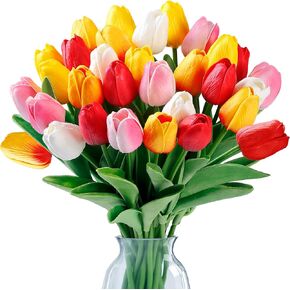 Sggvecsy 15 Pcs Fake Tulips Artificial Flowers Real Touch PU Faux Flowers Tulip Stems for Wedding Spring Bouquet Floral Arrangement Home Office Party Decorations for Mother's Day (Multi Colors)