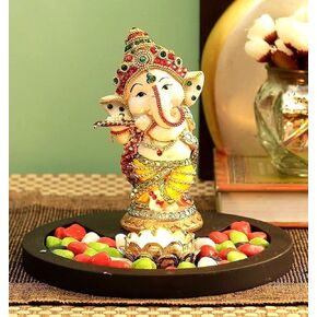 TIED RIBBONS Ganesh Statue with Wooden Tray | Flower Tealight Holder | Stones and Wooden Base | Resin Figurine | 6.4 inch | Ganesh Chaturthi Decoration Items | Ganesh Decorations for Home