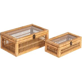 Creative Co-Op Rattan and Bamboo Nestable Storage Boxes with Glass Lids, Natural, Set of 2