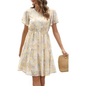 Manydress Women's Casual Summer Boho Dresses Chiffon Floral Print Ruffle Sleeve Flowy Skater Dress MY112