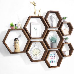 Maitys Hexagon Floating Shelves Set of 8 Farmhouse Honeycomb Wall Shelf Wall Mounted Hanging Wood Storage Display Rustic Shelf Racks for Bathroom, Kitchen, Bedroom, Living Room (Gray White)