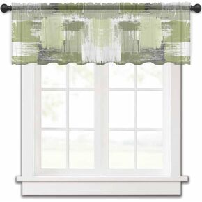 Oil Painting Sage Green Sheer Valance, 42"x12" Light Filtering Kitchen Curtain Valances, Modern Geometric Black White Abstract Art Chiffon Rod Pocket Living Room/Bedroom/Cafe Curtains