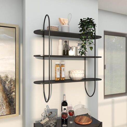 Deco 79 Metal Oval 3 Shelf Wall Shelf, 28" x 8" x 28", Black in Saudi Arabia