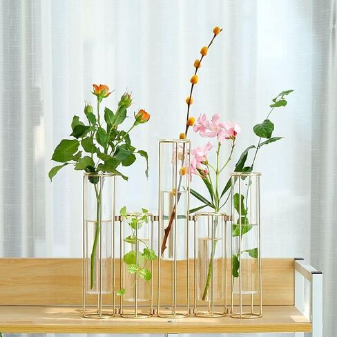 Test Tube Vase for Flowers Set of 5, Glass Vase with Metal Stand Racks Hydroponic Test TubeVase, Glass Vase with Metal Stand Racks Hydroponic Test Tube Vase for Home Wedding Decor, Balcony in Saudi Arabia