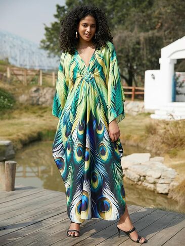 Animal Prints Caftan Dress Cover Up for Women Batwing Sleeve Plus Size Kaftan Dresses V Neck Resort Beach Swimsuit in Saudi Arabia