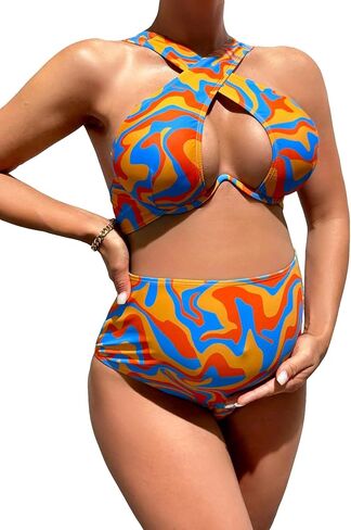 OYOANGLE Women's Maternity 2 Piece Bikini Sets Color Block Sleeveless Criss Cross Cut Out Swimsuits in Saudi Arabia