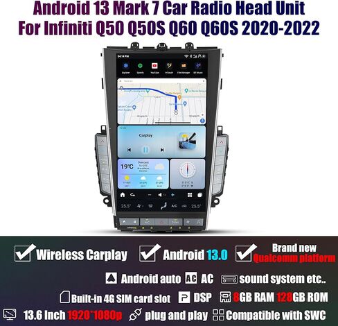 2024 أحدث راديو سيارة MARK 7 Android 13 لـ TInfiniti Q50 Q50S Q60 Q60S 2014-2019، 13.6 بوصة وحدة رأس السيارة الجديدة على شكل حرف T مشغل فيديو ستيريو متعدد الوسائط نظام تحديد المواقع والملاحة 8G RAM 128 ROM in Kuwait