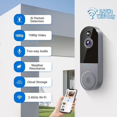 1080P Wireless Video Doorbell Camera, Chime Ringer Included, 2-Way Audio, Live View, AI Human Detection, Night Vision, 2.4G WiFi, Cloud Storage, Battery Powered, Indoor Outdoor Surveillance in Saudi Arabia