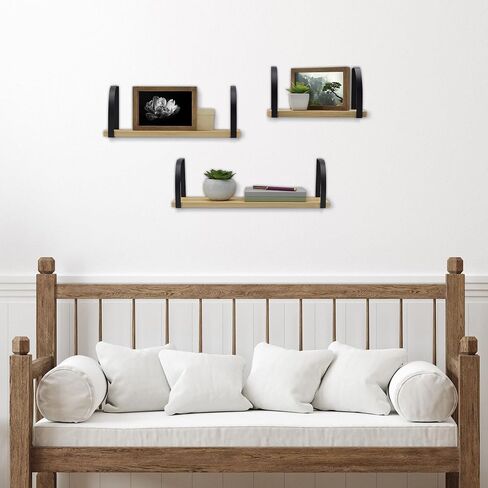 MELANNCO Floating Wall, Wood and Curve Metal Shelves, for Bedroom, Living Room, Kitchen, Nursery, Set of 3, Natural in Saudi Arabia