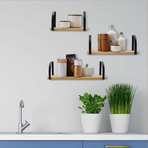 MELANNCO Floating Wall, Wood and Curve Metal Shelves, for Bedroom, Living Room, Kitchen, Nursery, Set of 3, Natural in Saudi Arabia