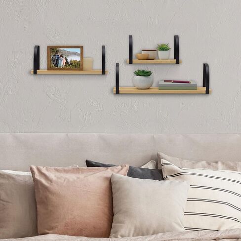 MELANNCO Floating Wall, Wood and Curve Metal Shelves, for Bedroom, Living Room, Kitchen, Nursery, Set of 3, Natural in Saudi Arabia