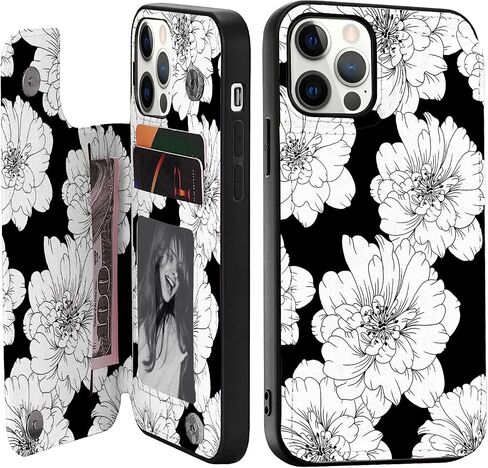 Durable Flip Case Compatible with iPhone 13 Pro,Cute Flowers Card Holder Case with Wallet for Women and Girls,Exclusive Copyright Floral Design-Black Vase Flower in Saudi Arabia