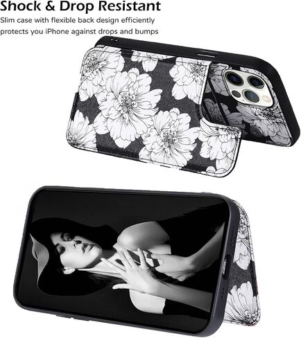 Durable Flip Case Compatible with iPhone 13 Pro,Cute Flowers Card Holder Case with Wallet for Women and Girls,Exclusive Copyright Floral Design-Black Vase Flower in Saudi Arabia