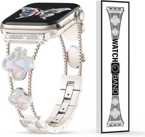 Lucky Clover Diamond Band متوافق مع أساور ساعة Apple للنساء 40 مم 41 مم 38 مم سلسلة 9 Ultra SE 8 7 6 5 4 3 2 1، سوار معصم بديل من الألماس اللامع لساعة iWatch in Kuwait