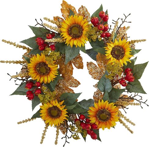 Nearly Natural 27 in. Sunflower Berry Artificial Wreaths, Assorted in Saudi Arabia