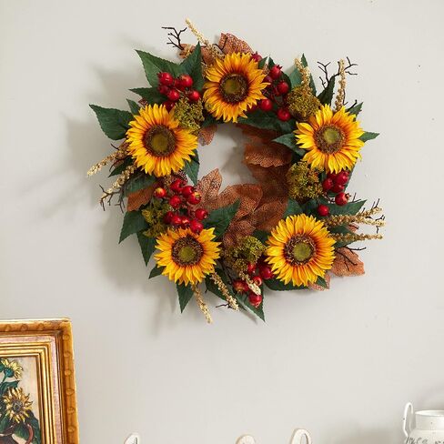Nearly Natural 27 in. Sunflower Berry Artificial Wreaths, Assorted in Saudi Arabia