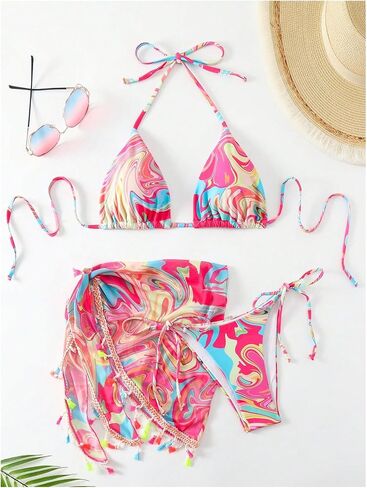 SHENHE Women's 3 Piece Swimsuit Ombre Halter Triangle Bikini Set with Tie Side Beach Skirt in Saudi Arabia