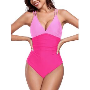 RELLECIGA Women's V Neck Bathing Suits Ruched Tummy Control One Piece Swimsuits